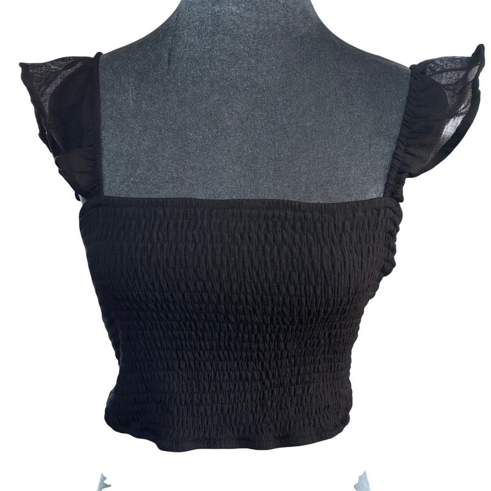Summer Haus Selene Coquette Boho Smocked Crop Top Black Ruffle Sleeve NWT L